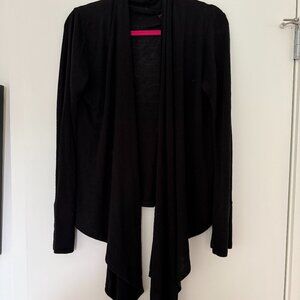 Open black long sleeve sweater with long shawl front